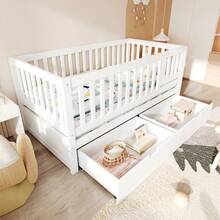 MERAX Convertible Toddler Bed With Storage Drawers, 3-In-1 Solid Wood Kids Daybed With Removable Guardrails, Compatible With Standard US Toddler Mattresses, White - White - View 2