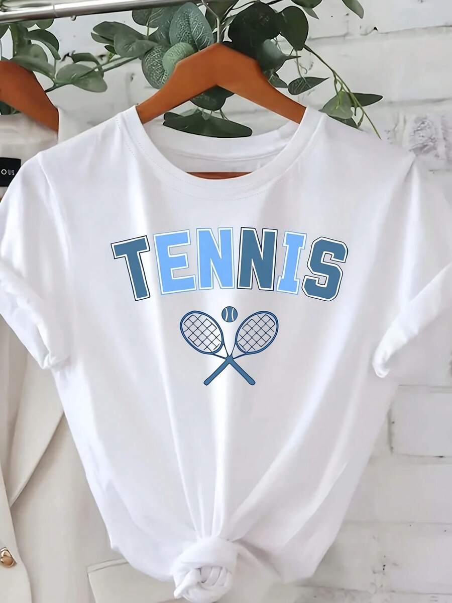 Camiseta premium con estampado de tenis azul, de manga corta y cuello redondo, estilo casual, adecuada para verano y primavera, ecológica para mujer. - Blanco - Ver 1