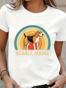 1 camiseta casual de manga corta para mujer, con estampado de mamá de Beagle y diseño geométrico - top de cuello redondo lavable a máquina, corte en H transpirable para primavera y verano, ropa para amantes de mascotas, diseño divertido, tela cómoda de 180g 100% algodón. - Blanco - Ver 1
