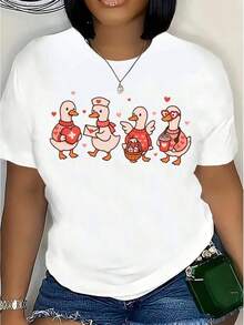 ModernoCute Camiseta con Diseño de Enfermera Pato para Mujer, Estampado de Animal de Dibujos Animados, Blanca, Cómoda, de Algodón Suave para Uso Diario, 220g Ropa Casual - Blanco - Ver 3