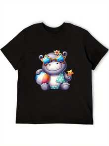 Oferta por tiempo limitado, cantidad limitada disponible,  relámpago, camisas de mujer, camisetas de mujer Camisetas de tallas grandes para mujer - Estampado de hipopótamo adorable con gafas de estrella y pelota de playa - Camisetas suaves y transpirables para el día a día en verano - Tallas hasta la 4XL - Ropa informal, perfecta para fiestas en la playa y un estilo relajado de fin de semana, camisetas de playa, diseño alegre, ajuste cómodo, ropa de vacaciones, material ligero, tops elegantes - Negro - Ver 3