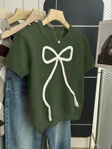 2026Franclia Nuevo suéter de punto casual con lazo dulce y lindo en color rosa para mujer, blusa de lazo rosa bebé de manga corta para primavera/verano, blusas de punto con lazo lindas para mujer - Verde militar - Ver 7