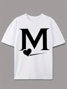 Soft.1pack.100%Cotton. Men's Casual Short-Sleeve T-Shirt With Bold Letter M And Heart Print - Light Gray Summer Crew Neck Top, Machine Washable, Suitable For Daily Wear, Fashionable And Style |   Opaque Fabric. Casual Summer - White - View 7