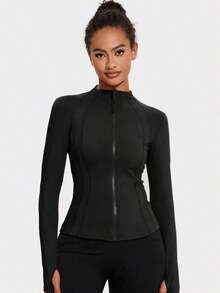 2026 VUTRU Women's Slim Fit Sports Jacket With Thumbholes And High Collar, Spring - 黑色 - 查看 7