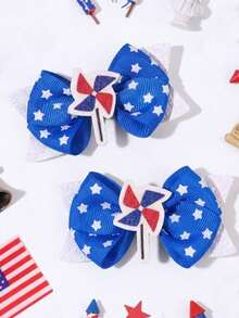 2pcs/Set Independence Day Star Print Hair Clips, Blue Bow Hair Clips With Shiny Sequin Windmill Decor, Patriotic Hair Accessories Suitable For Fashion Girls And Teenagers - Multicolor - View 2