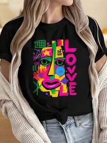 Camisetas para Mujer y Hombre con Cuello Redondo y Mangas Cortas, Camiseta Colorida con Diseño Abstracto de Cara y Corazón, Camiseta Gráfica Artística de Moda para Mujer, Ropa Casual, Estampados Divertidos Ideales para Fiestas de Navidad, Actividades Deportivas, Fiestas de Vacaciones, Salidas, Deportes y Otros Regalos Festivos. - Negro - Ver 4
