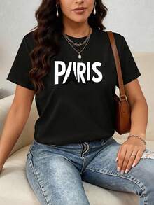 Camiseta estampada para mujer, de manga corta, cómoda, elegante, informal, adecuada para el uso diario, con texto en inglés estilo parisino y estampado de la Torre Eiffel. - Negro - Ver 12