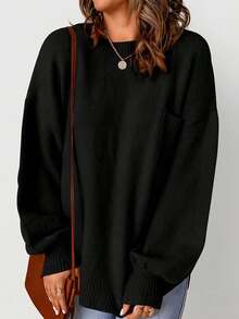 CILKOO Women's Solid Color Shoulder Pocket Patchwork Sweater - Black - View 1