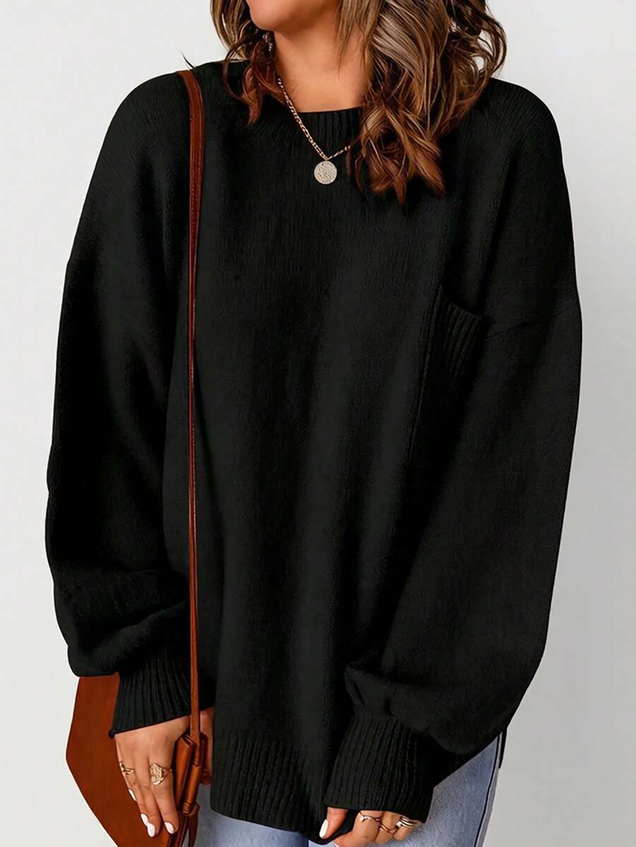 CILKOO Women's Solid Color Shoulder Pocket Patchwork Sweater - Black - View 1