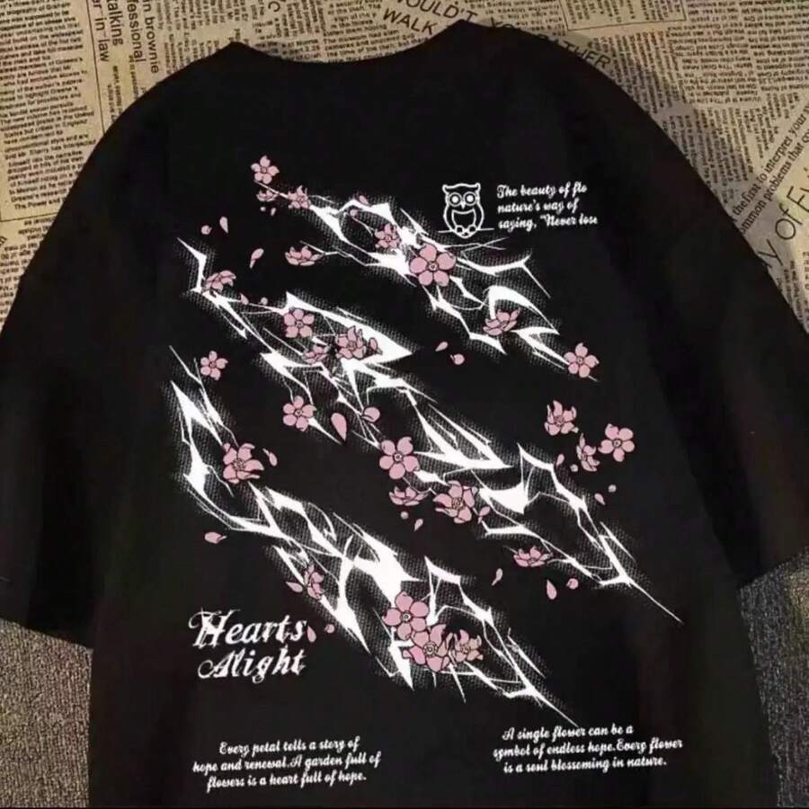 Camiseta De Manga Corta Unisex De Estilo Americano Con Estampado De Flores De Cerezo Y Rayos, De La Marca Conjunta , VersáTil Y De Moda Urbana Para El Verano. - Negro - Ver 1