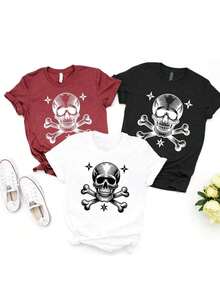 Artículo de moda: Camiseta 3 casual de streetwear, Top oversized cuello redondo daily outings, camping, concerts, hip-hop, rock, and rap events manga corta para mujer, estampada con calaveras y huesos cruzados con diseño de estrellas, camiseta de manga corta con cuello redondo para mujer, top deportivo casual transpirable de algodón puro, regalo para las vacaciones de primavera, camiseta de mujer con diseño de mariposas y Pascua. - Negro - Ver 8