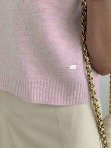 Top de punto casual corto de manga corta y cuello redondo de unicolor ajustado y corto para mujer, verano - Rosa - Ver 8