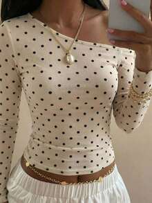 Camiseta de manga larga ajustada con estampado de lunares y hombros oblicuos para mujer, de verano - Albaricoque - Ver 4