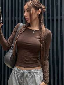 Camiseta de manga corta ajustada de unicolor casual para mujer, Top halter recortado estilo Y2K para mujer - Marrón 2 - Ver 4