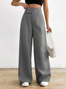 Pantalones de mujer casuales de cintura alta asimétricos con piernas anchas - Gris 2 - Ver 3