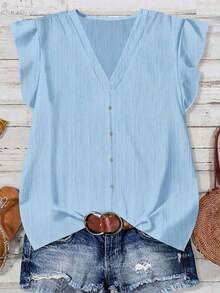 Blusa casual de escote en V para mujer, adecuada para el verano - Celeste - Ver 7