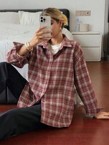 Camisa de manga larga con cuello vuelto, bordado de dibujos animados, estilo coreano casual, primavera/verano para mujer - Rosa Roja - Ver 6