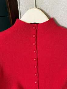 Suéter de mujer de punto con cuello alto, diseño de botones, sin mangas, suelto y casual, color rojo, para primavera/otoño - Rojo - Ver 4