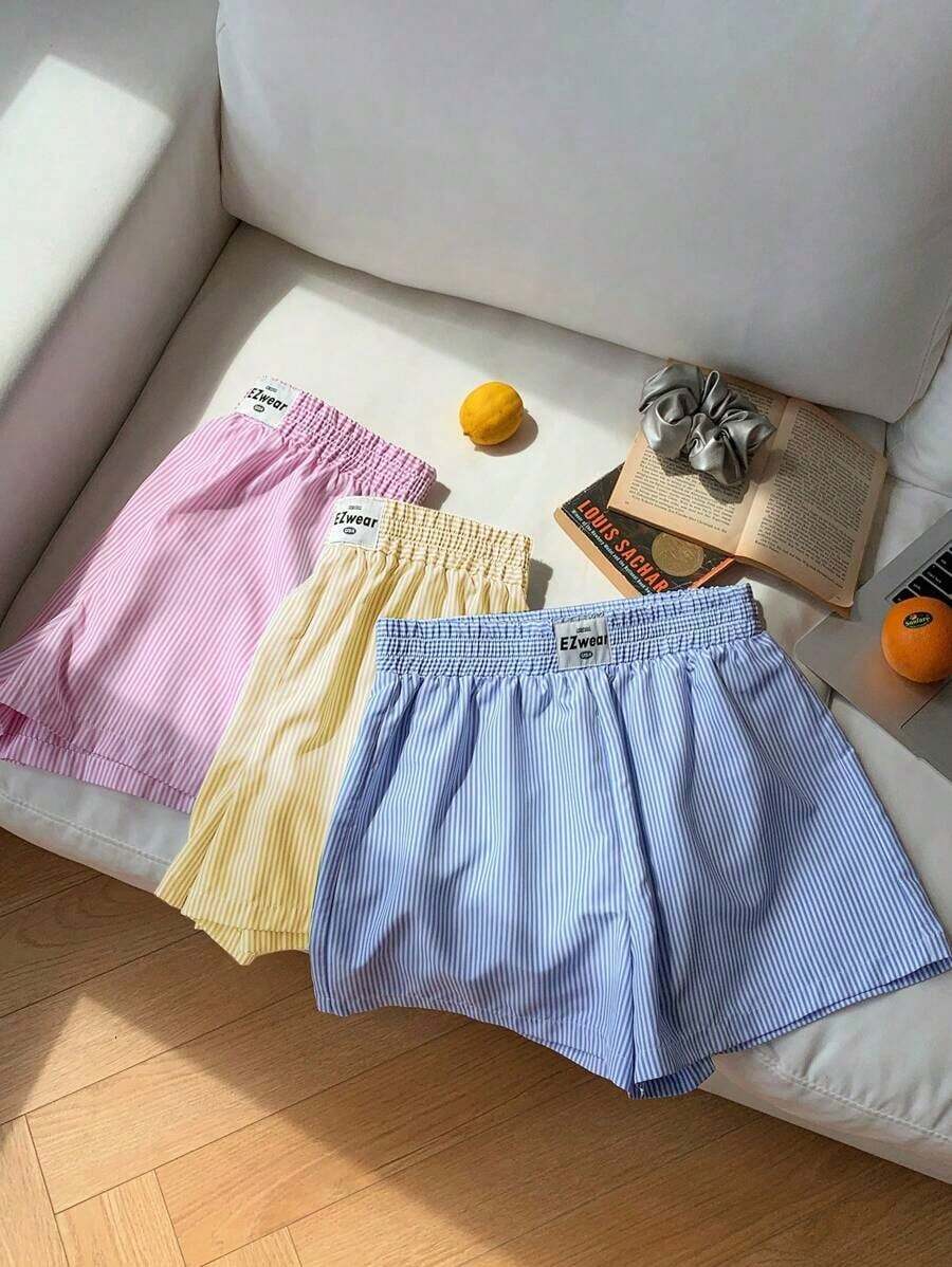 3 piezas Conjunto de shorts con gráfico de letras y diseño a rayas para mujer, estilo nuevo - Multicolor 3 - Ver 1