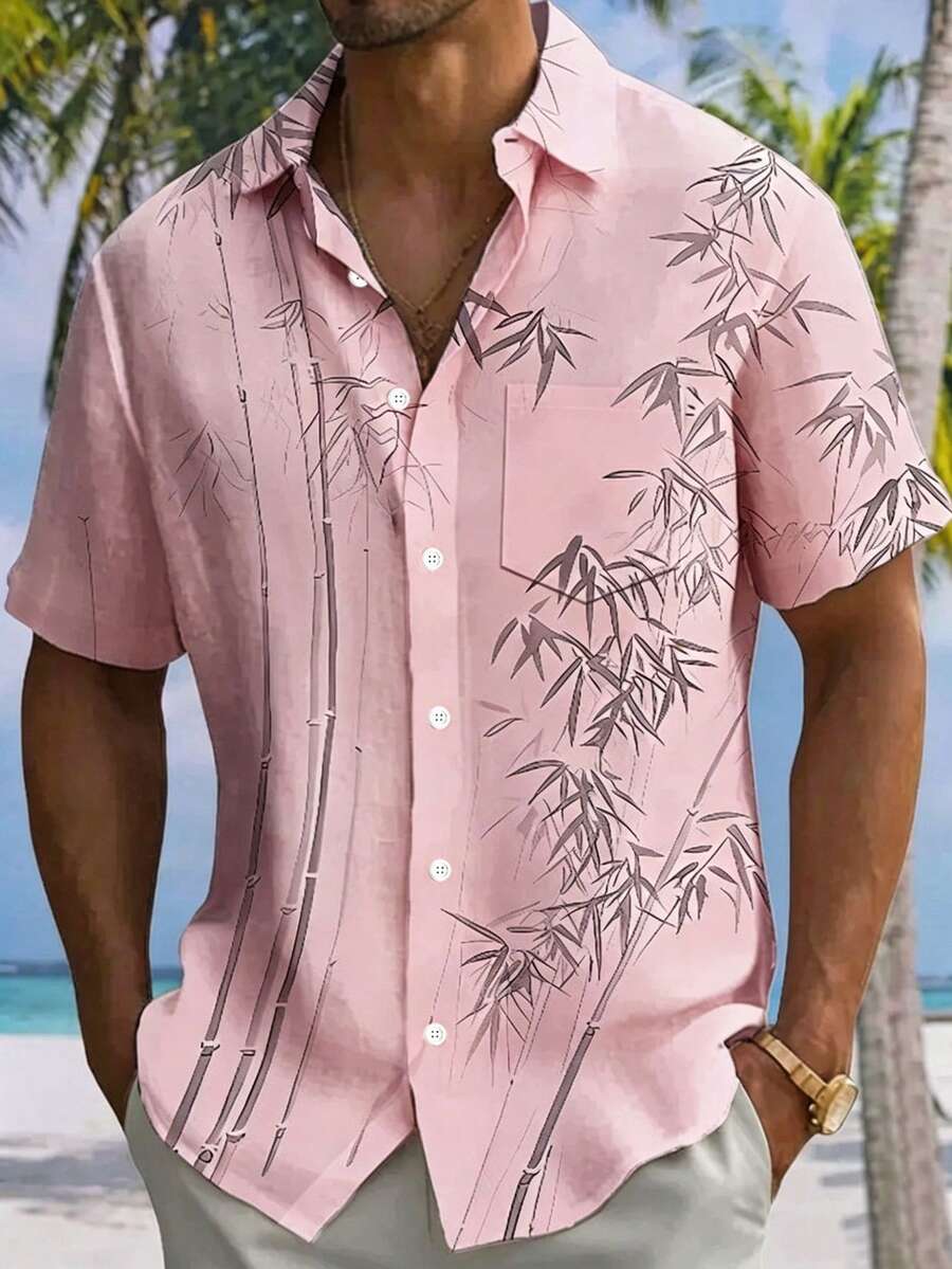 男士輕量寬鬆短袖襯衫，夏威夷竹葉印花