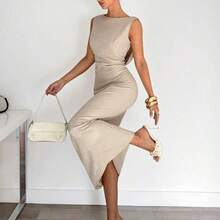 Nana's Women's Clothing Store  Vestido con cintura plisada para mujer, vestido con escote pronunciado y espalda descubierta, vestido de oficina sexy y elegante, vestido de vacaciones, único y de moda, para oficina, elegante, sexy, vacaciones, playa, Hawái, temporada de bodas, vestido de graduación, vestido de gala formal para mujer, vestido de cóctel para mujer, cuello drapeado, vestido de cumpleaños para mujer, vestido de novia para mujer, vestido espalda descubierta - Albaricoque - Ver 5