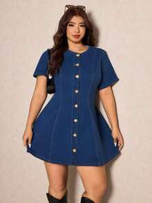 Elaquor Vestido vaquero casual de mujer talla grande con cuello redondo y manga corta de un solo botonadura - Azul lavado medio - Ver 7