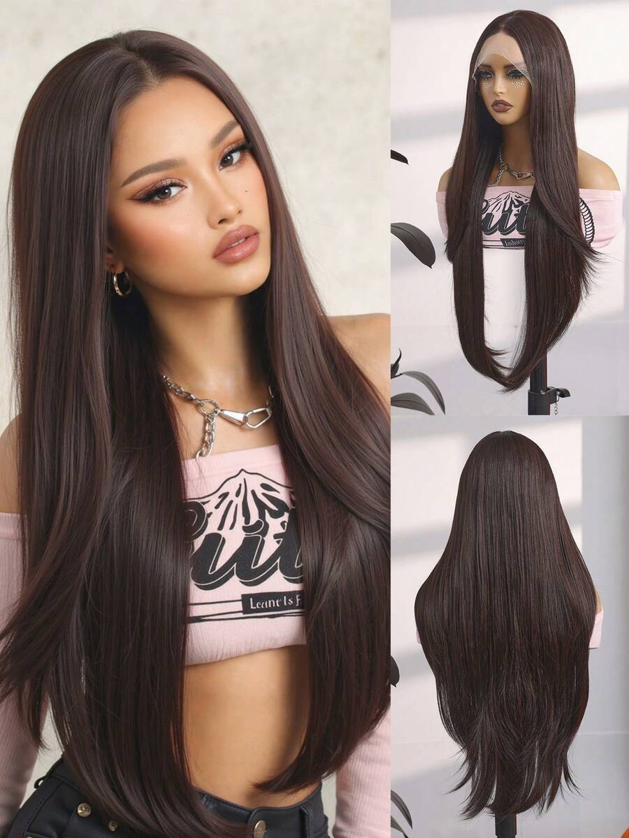 13*4 Lace Front Wigs Burgundy & Brown/Many Many Color 28-Inch Long Straight Wig For Women -Natural Curly Transparent Lace At The End Of The Hair Breathable, Natural-Looking Synthetic Hairpiece With Middle Part, Heat Resistant, Perfect For Daily Wear - Coffee Brown - View 1
