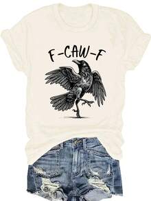 Women's T-shirt Top de manga corta para mujer con estampado de cuervos y cuello redondo ajustado. - Albaricoque - Ver 7