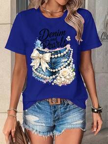 Camiseta de mujer con estampado de denim y perlas, camisa blanca de manga corta y cuello redondo a la moda, top moderno con estampado de lazo y perlas para fiestas de cumpleaños, viajes, ropa casual de verano para la calle, ropa fresca de verano para mujer. - Azul - Ver 1