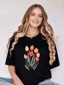 Camiseta de Mujer Pure - Midnight Bloom: Elegante Camiseta Violeta para Mujer - a la Moda - Negro - Ver 12