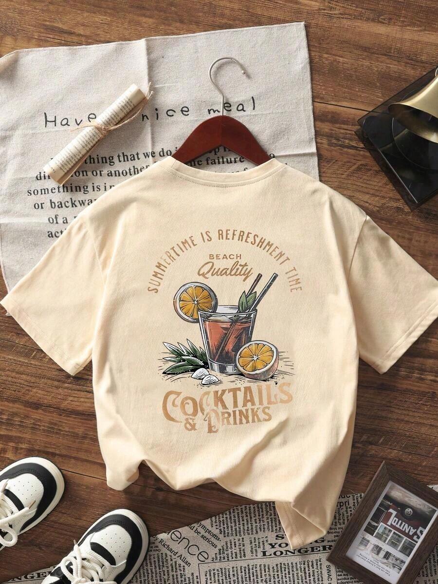 Nueva Camiseta de Verano con Estampado de Cóctel de Limón, Casual para Uso Diario, Cuello Redondo y Manga Corta, Versátil y a la Moda, Adecuada para Mujeres - Estilo Vintage Urbano, Unisex, Holgada, de Algodón, Manga Corta, Cuello Redondo, Blusas para Mujer. blusas.blusas casuales para dama. - Albaricoque - Ver 1