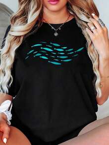 Camiseta con estampado de peces para uso casualblusa casual mujer - Negro - Ver 1