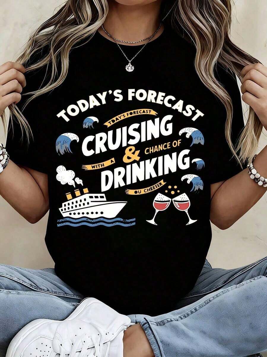 Camiseta con Estampado de Crucero y Copas de Vino con Ondas para Atuendos Casuales - Estilo Urbano Vintage Unisex, Camiseta de Manga Corta de Algodón 100% con Cuello Redondo - Negro - Ver 1