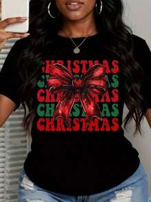Camiseta con Estampado de Lazo Navideño para Mujer, Diseño Festivo con la Palabra Navidad en Rojo y Verde, Camiseta Blanca Casual - Estilo Vintage Urbano, Unisex, de Algodón, Manga Corta, Cuello Redondo, 100% Algodón - Negro - Ver 3