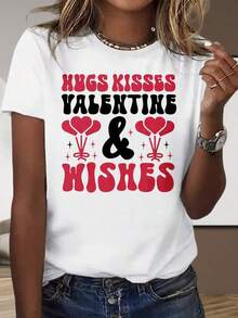 Camiseta Casual de Manga Corta Blanca para el Hogar y Exteriores, con Estampado de Besos y Abrazos de San Valentín, para Mujer, Regalo Romántico y Lindo para el Día de San Valentín, Regalo para Fiestas, Moda - Blanco - Ver 1