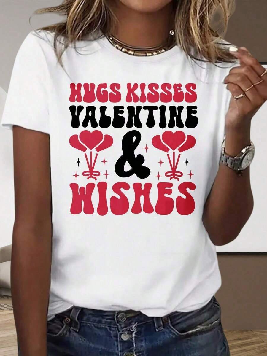 Camiseta Casual de Manga Corta Blanca para el Hogar y Exteriores, con Estampado de Besos y Abrazos de San Valentín, para Mujer, Regalo Romántico y Lindo para el Día de San Valentín, Regalo para Fiestas, Moda - Blanco - Ver 1