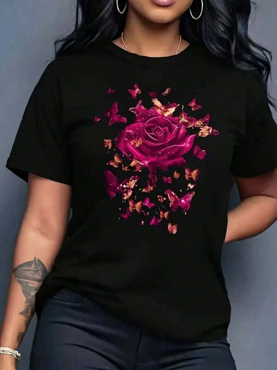 Camiseta estética con diseño floral impactante, camiseta con rosa vibrante y mariposas en contraste, ideal para personas con estilo, colores disponibles: negro, categorías de moda femenina, destacada en actuales. - Negro - Ver 1