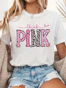 Camiseta Casual 100% Algodón para Mujer, Color Rosa, con Lazo Rosa para Apoyar la Concientización sobre el Cáncer de Mama - Blanco - Ver 7