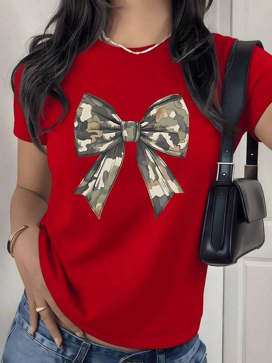 Camiseta con Estampado Gráfico de Lazo de Camuflaje, 180g, 1 Pieza, para Aventura al Aire Libre, Casual para Mujer, 100% Algodón, Estilo Streetwear de Moda - Rojo - Ver 1