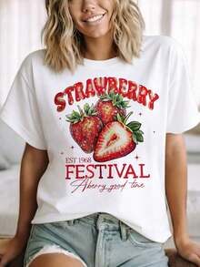 Camiseta Gráfica "Strawberry Festival Est 1968 Berry Good Time" Adecuada para Ropa Deportiva Casual 220g - Estilo Vintage Urbano Unisex de Algodón Suelto de Manga Corta con Cuello Redondo 100% algodón - Blanco - Ver 3