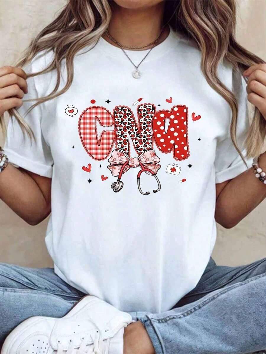 Nurse T-Shirt With Red Check And Polka Dot Design, Stethoscope And Hearts Ribbon, Medical Theme For Nurse's Day Or Valentine's Day, 220g - Urban Vintage Style, Unisex, Cotton, Short Sleeve, Round Neck, 100% Cotton - 白色 - 查看 1