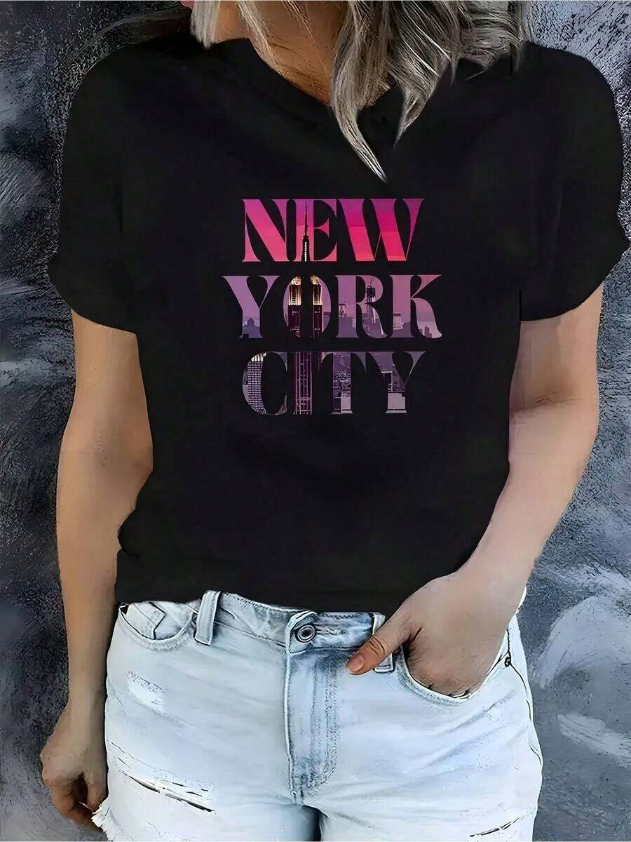 Camiseta única con diseño Y2K inspirada en la vibrante ciudad de Nueva York ideal para los amantes de la moda urbana resalta tu estilo con este diseño moderno y atrevido perfecta para cualquier ocasión y una adición imprescindible a tu colección de ropa casual - Negro - Ver 1