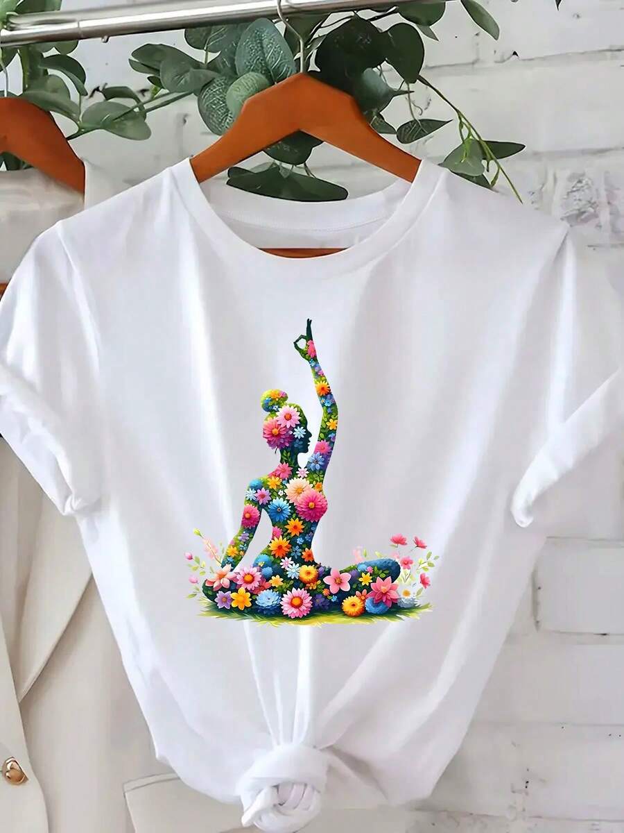 Camiseta de mujer: 1 pieza de camiseta de manga corta con cuello redondo y estampado de yoga para mujer, casual y cómoda, adecuada para el uso diario. El estampado moderno y el diseño cómodo de cuello redondo se combinan para hacerla la elección perfecta para tu verano. - Blanco - Ver 1
