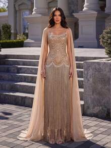 Modphy Gaun Maxi Wanita Seksi Tanpa Lengan dengan Pita Chiffon yang Dapat Dilepas dan Hiasan Rhinestone, Gaun Pesta Malam Formal, Gaun Pengikat, Gaun Pernikahan. - Aprikot - View 1