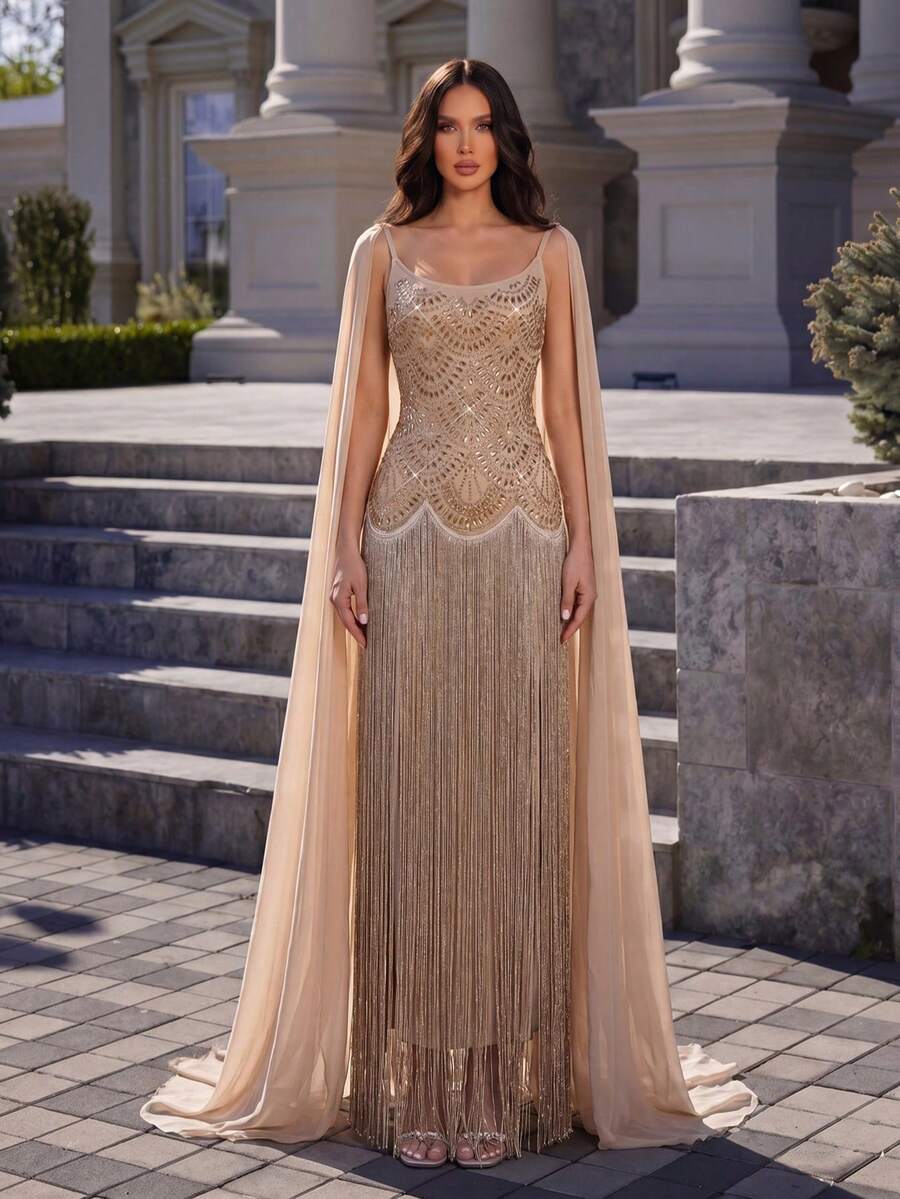 Modphy Gaun Maxi Wanita Seksi Tanpa Lengan dengan Pita Chiffon yang Dapat Dilepas dan Hiasan Rhinestone, Gaun Pesta Malam Formal, Gaun Pengikat, Gaun Pernikahan. - Aprikot - View 1