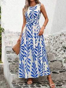 Vestido de verano sin mangas con cuello redondo, cintura ajustada y estampado todo sobre todo, para uso casual y vacaciones - Azul - Ver 3