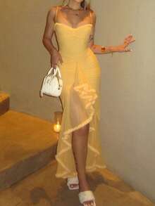 Vestido Mujer Primavera Verano Estilo Europeo Tul Tirantes Irregular Liso Ajustado Estilo Picante Elegante para Fiesta - Amarillo - Ver 4