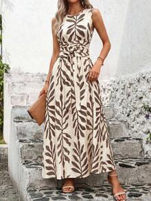 Vestido de verano sin mangas con cuello redondo, cintura ajustada y estampado todo sobre todo, para uso casual y vacaciones - Marron oscuro - Ver 3