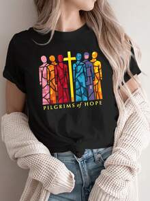 Camiseta Deportiva Casual para Mujer de Diseño Simple y Versátil, Cuello Redondo, PILGRIMS of HOPE, Estilo Artístico Juvenil, Uso Diario, Tema de la Esperanza, Patrón de Cruz Humana Colorido, Camiseta Inspiradora, Arte, Camiseta de Algodón Cómoda para Todas las Temporadas. - Negro - Ver 7