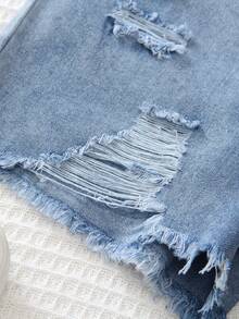 Quần short denim rách màu xanh gradient mới, thời trang mùa hè cho bé gái tuổi teen. - Màu xanh lam - Xem 5